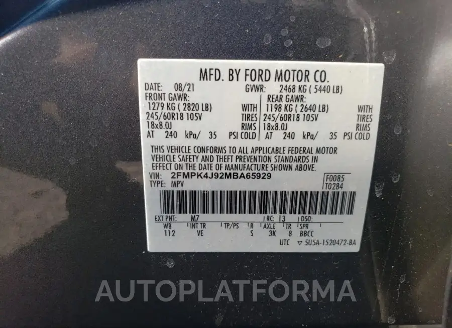 FORD EDGE SEL 2021 vin 2FMPK4J92MBA65929 from auto auction Copart