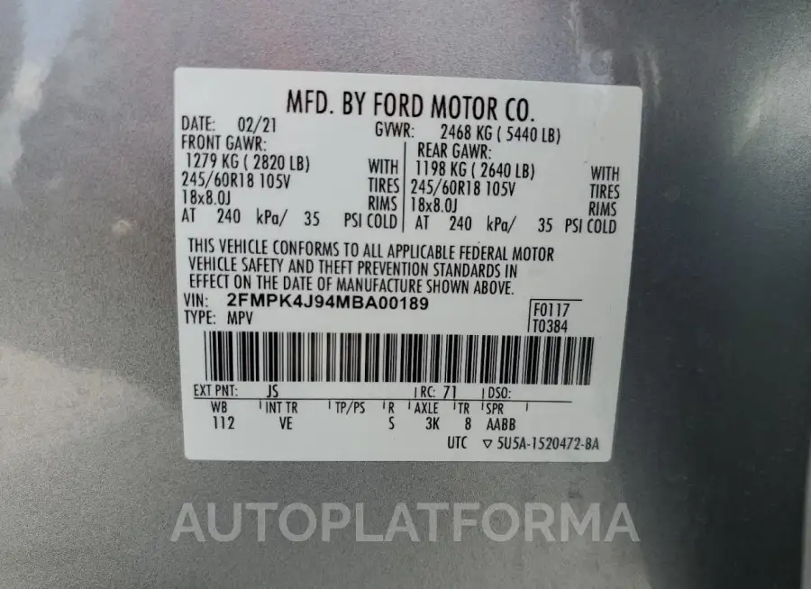 FORD EDGE SEL 2021 vin 2FMPK4J94MBA00189 from auto auction Copart