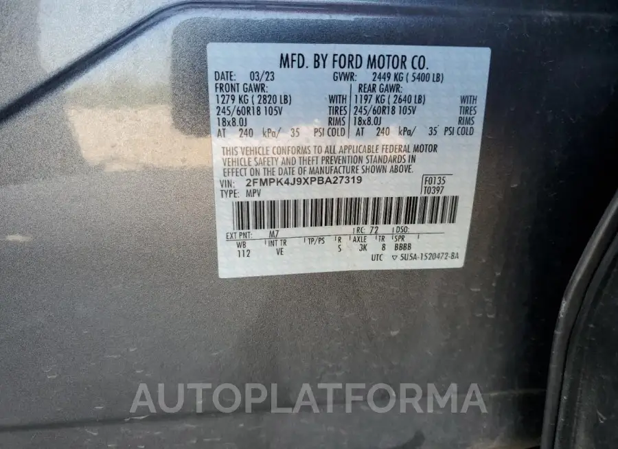 FORD EDGE SEL 2023 vin 2FMPK4J9XPBA27319 from auto auction Copart