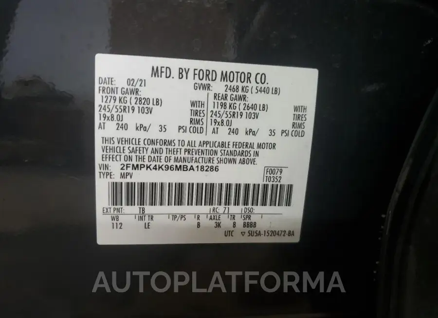 FORD EDGE TITAN 2021 vin 2FMPK4K96MBA18286 from auto auction Copart