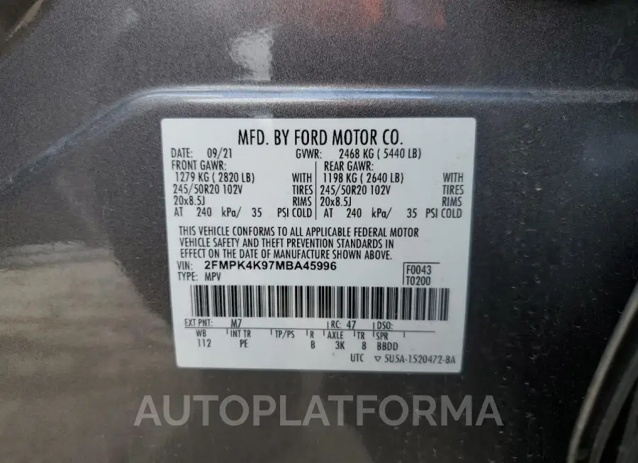 FORD EDGE TITAN 2021 vin 2FMPK4K97MBA45996 from auto auction Copart