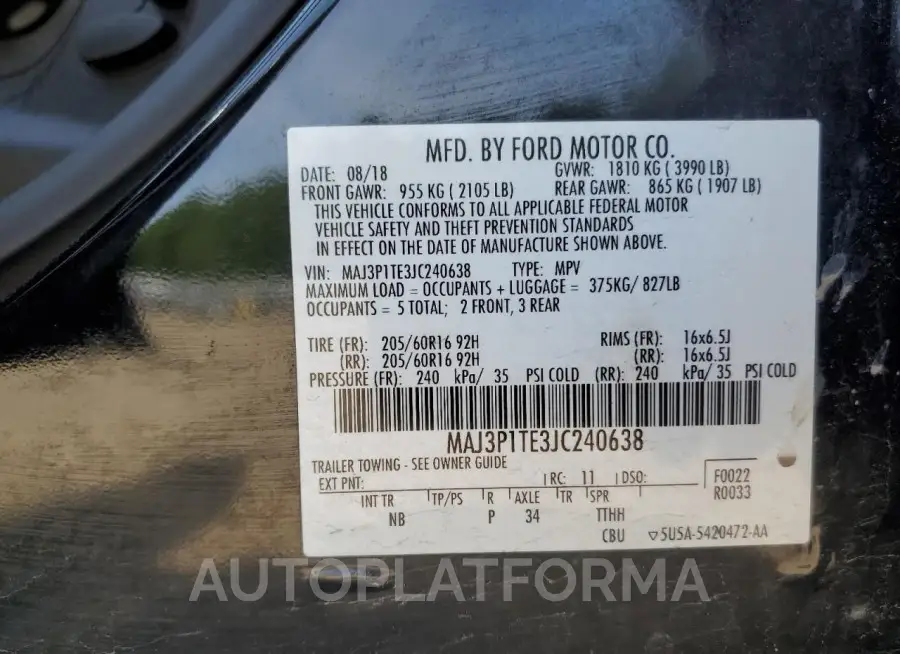 FORD ECOSPORT S 2018 vin MAJ3P1TE3JC240638 from auto auction Copart