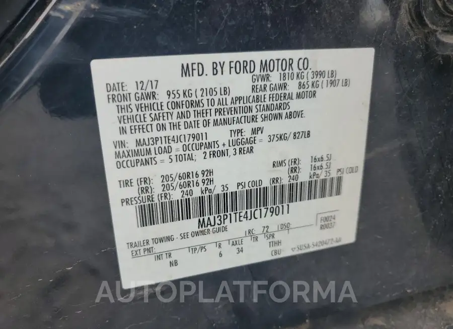 FORD ECOSPORT S 2018 vin MAJ3P1TE4JC179011 from auto auction Copart