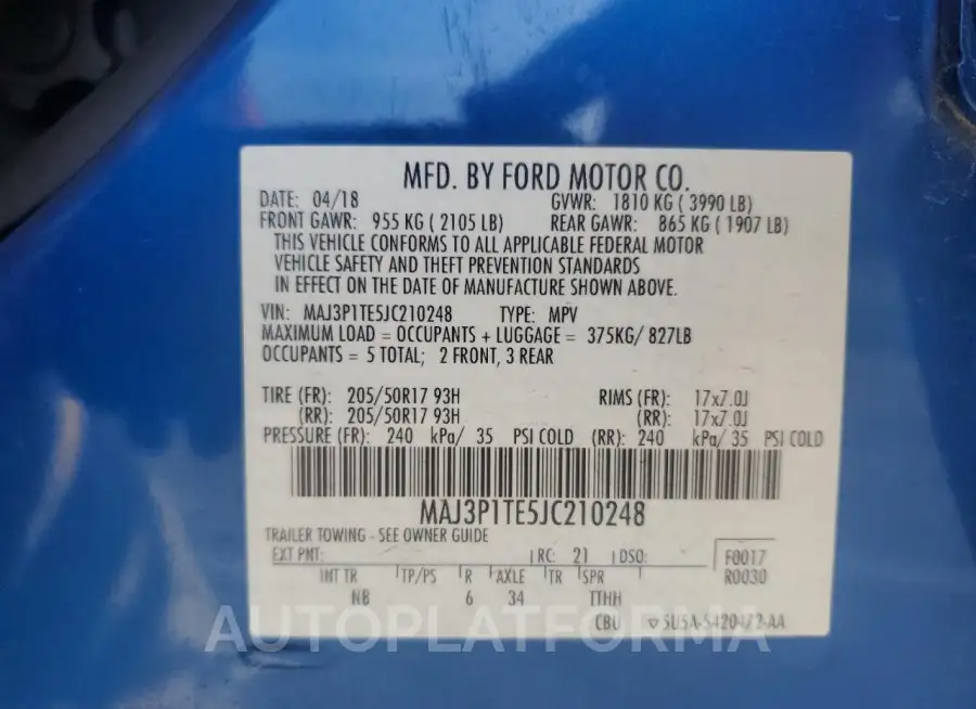 FORD ECOSPORT S 2018 vin MAJ3P1TE5JC210248 from auto auction Copart