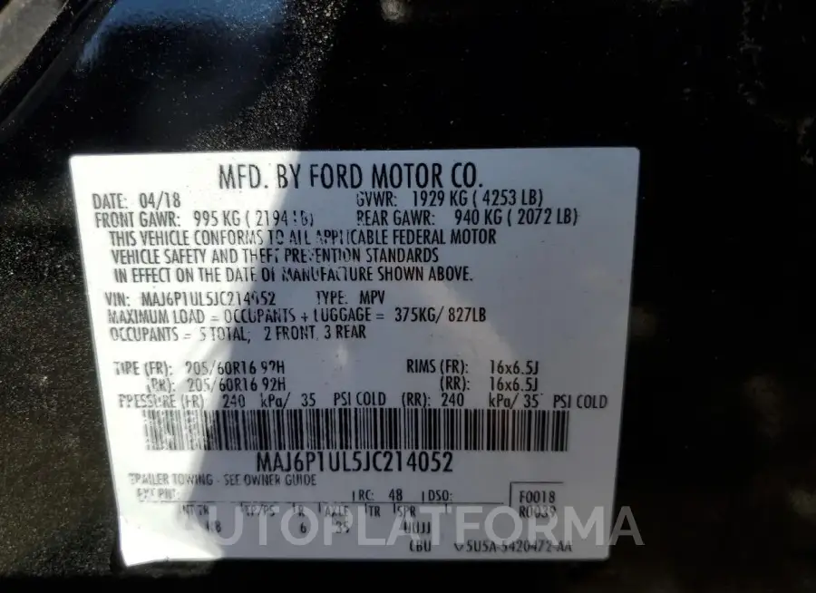 FORD ECOSPORT S 2018 vin MAJ6P1UL5JC214052 from auto auction Copart