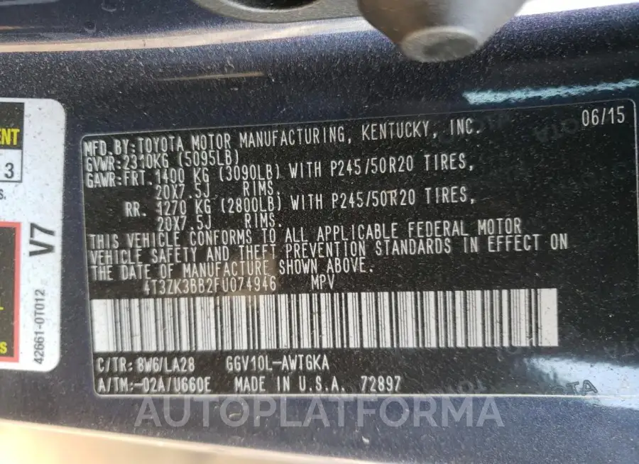 TOYOTA VENZA LE 2015 vin 4T3ZK3BB2FU074946 from auto auction Copart