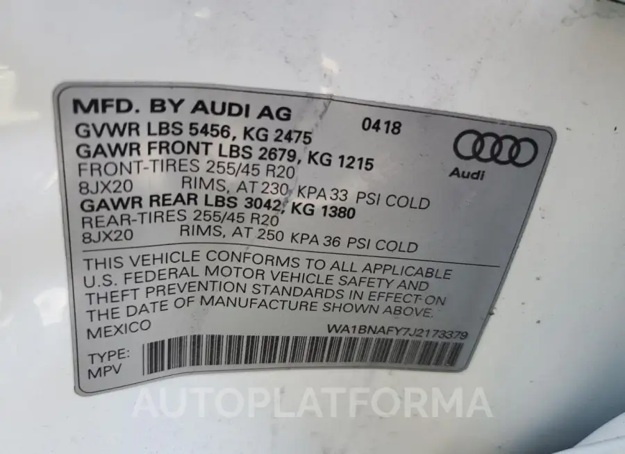 AUDI Q5 PREMIUM 2018 vin WA1BNAFY7J2173379 from auto auction Copart