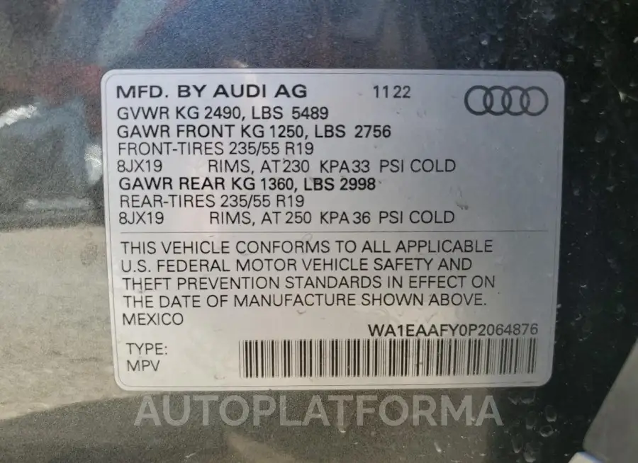 AUDI Q5 PREMIUM 2023 vin WA1EAAFY0P2064876 from auto auction Copart