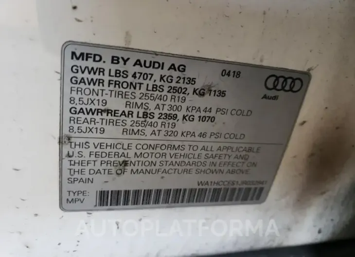 AUDI Q3 PREMIUM 2018 vin WA1HCCFS1JR032841 from auto auction Copart