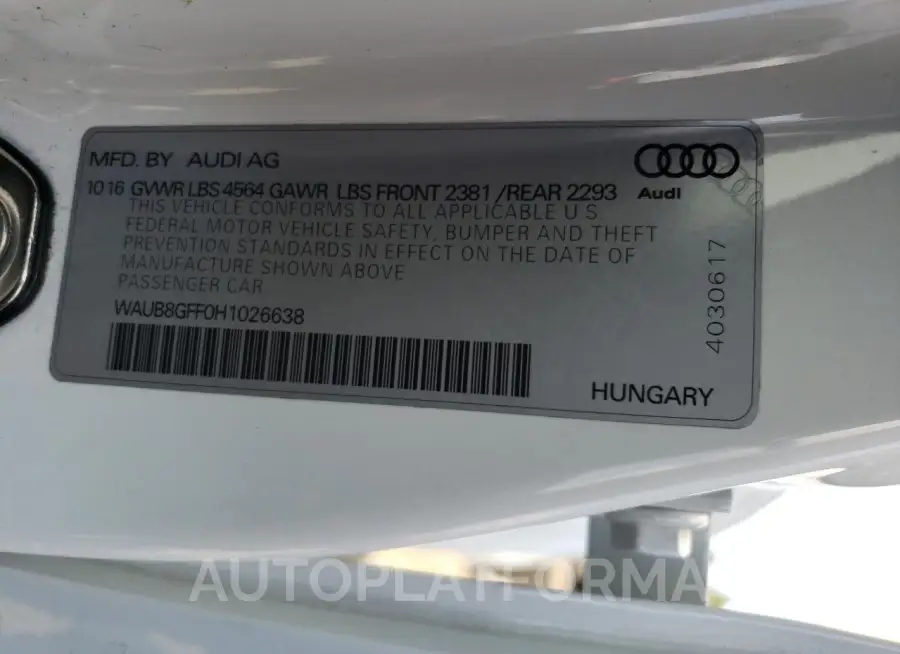 AUDI A3 PREMIUM 2017 vin WAUB8GFF0H1026638 from auto auction Copart