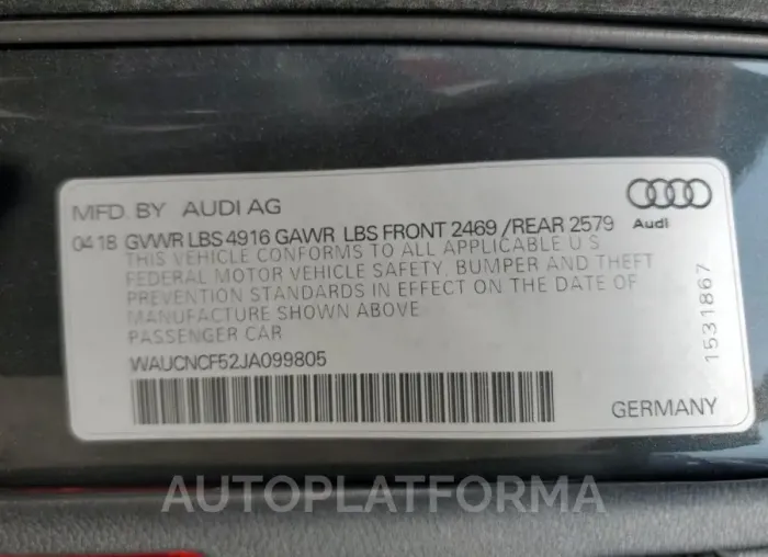 AUDI A5 PRESTIG 2018 vin WAUCNCF52JA099805 from auto auction Copart