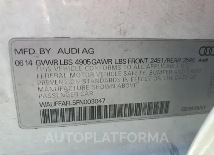 AUDI A4 PREMIUM 2015 vin WAUFFAFL5FN003047 from auto auction Copart