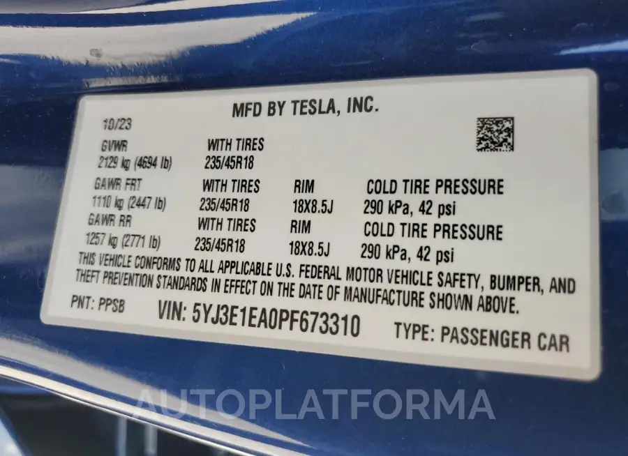 TESLA MODEL 3 2023 vin 5YJ3E1EA0PF673310 from auto auction Copart