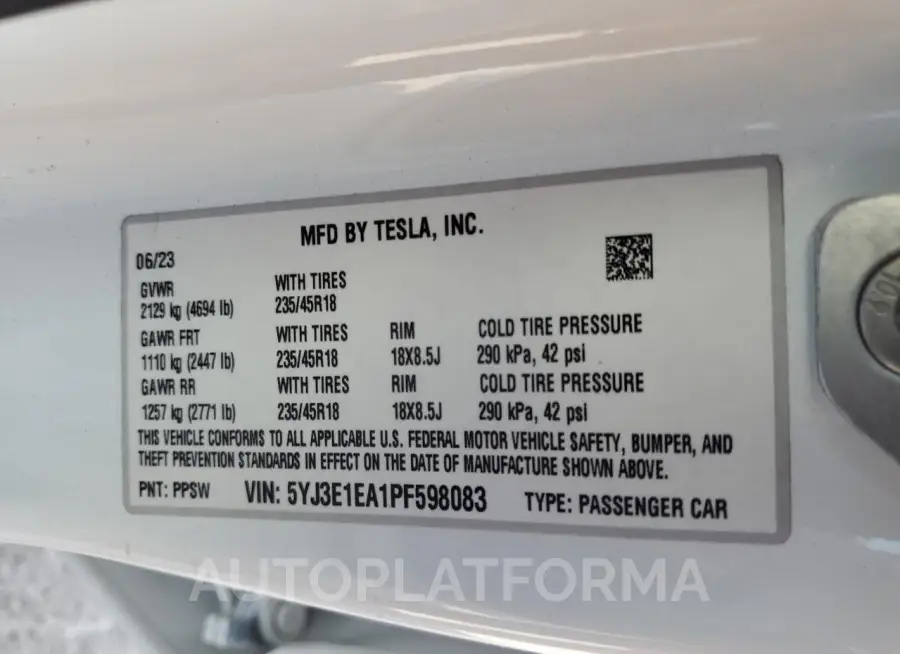 TESLA MODEL 3 2023 vin 5YJ3E1EA1PF598083 from auto auction Copart