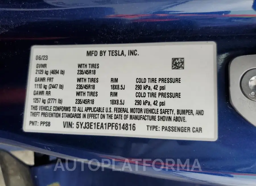 TESLA MODEL 3 2023 vin 5YJ3E1EA1PF614816 from auto auction Copart