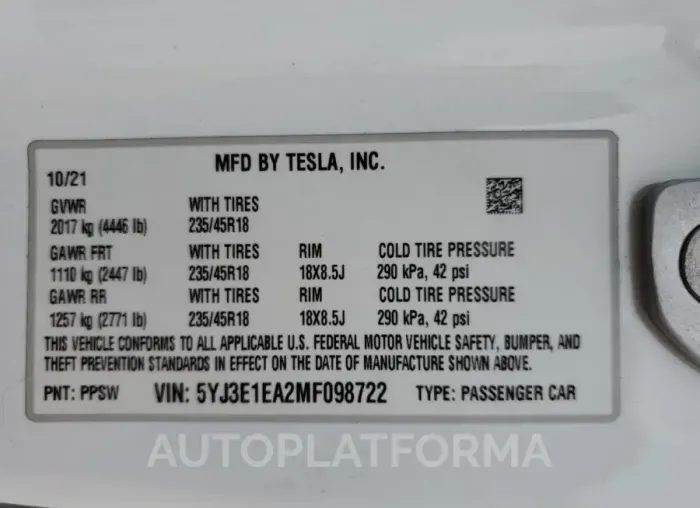 TESLA MODEL 3 2021 vin 5YJ3E1EA2MF098722 from auto auction Copart