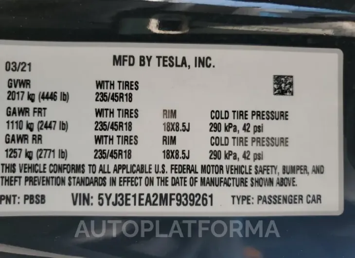 TESLA MODEL 3 2021 vin 5YJ3E1EA2MF939261 from auto auction Copart