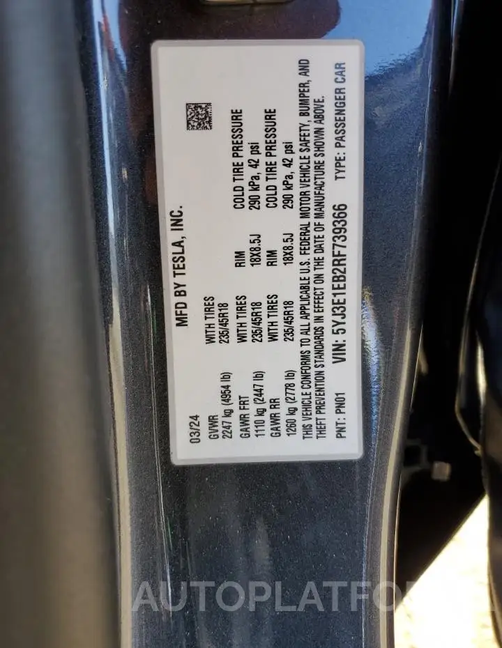 TESLA MODEL 3 2024 vin 5YJ3E1EB2RF739366 from auto auction Copart