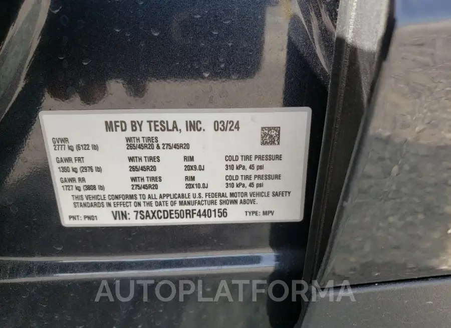 TESLA MODEL X 2024 vin 7SAXCDE50RF440156 from auto auction Copart