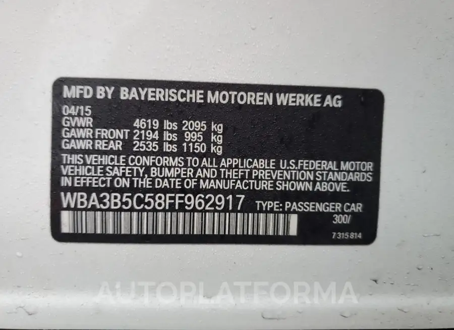 BMW 328 XI SUL 2015 vin WBA3B5C58FF962917 from auto auction Copart