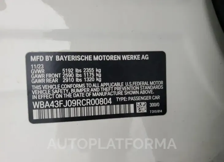 BMW 530 I 2024 vin WBA43FJ09RCR00804 from auto auction Copart