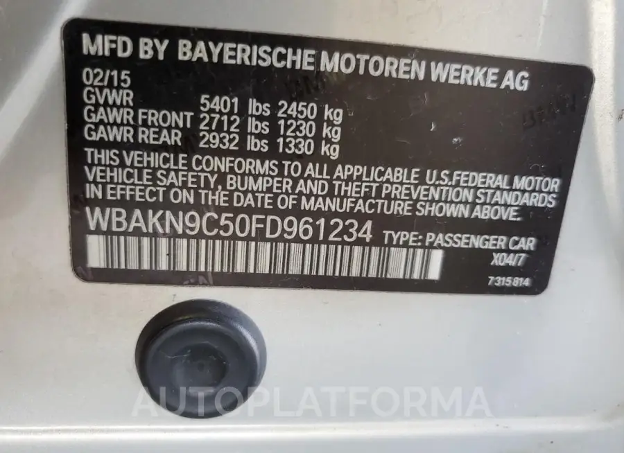 BMW 550 I 2015 vin WBAKN9C50FD961234 from auto auction Copart