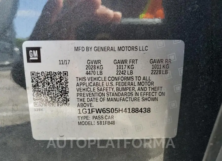 CHEVROLET BOLT EV LT 2017 vin 1G1FW6S05H4188438 from auto auction Copart