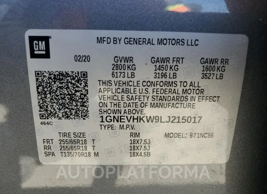 CHEVROLET TRAVERSE L 2020 vin 1GNEVHKW9LJ215017 from auto auction Copart