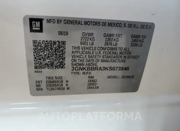 CHEVROLET BLAZER 1LT 2019 vin 3GNKBBRA3KS673846 from auto auction Copart