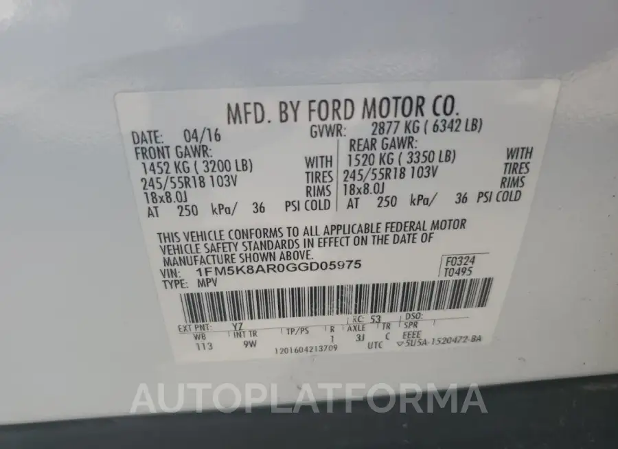 FORD EXPLORER P 2016 vin 1FM5K8AR0GGD05975 from auto auction Copart