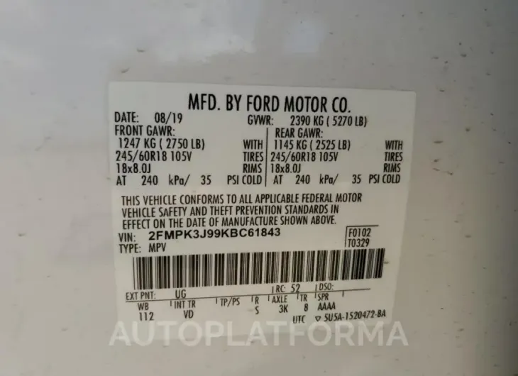 FORD EDGE SEL 2019 vin 2FMPK3J99KBC61843 from auto auction Copart