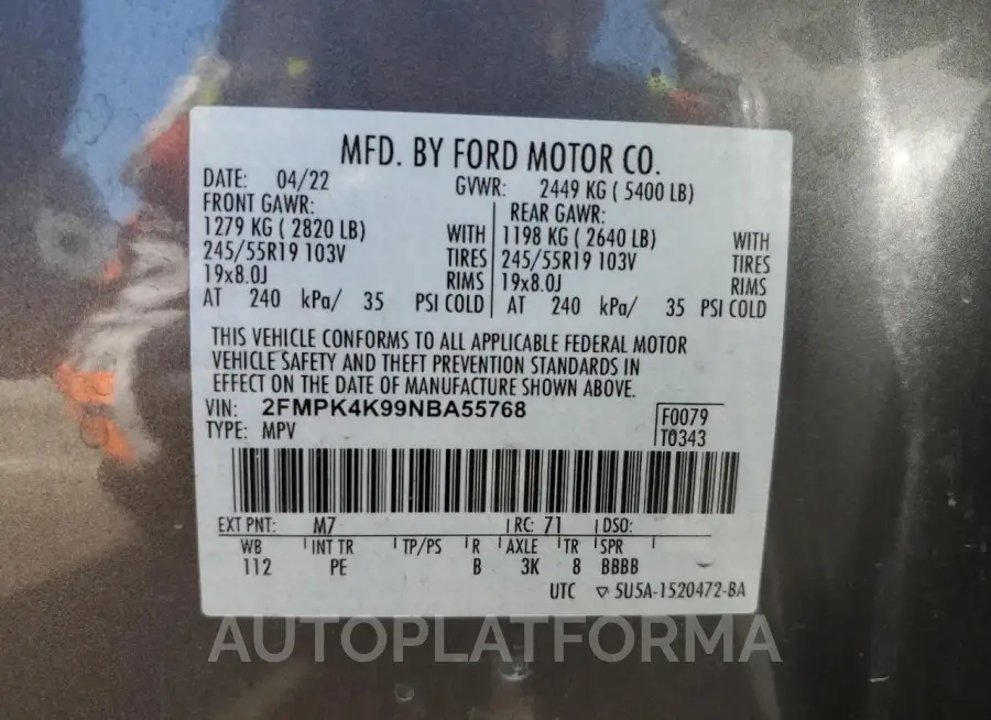 FORD EDGE TITAN 2022 vin 2FMPK4K99NBA55768 from auto auction Copart