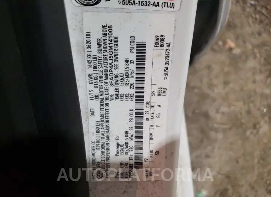 FORD FIESTA S 2016 vin 3FADP4AJ5GM141008 from auto auction Copart