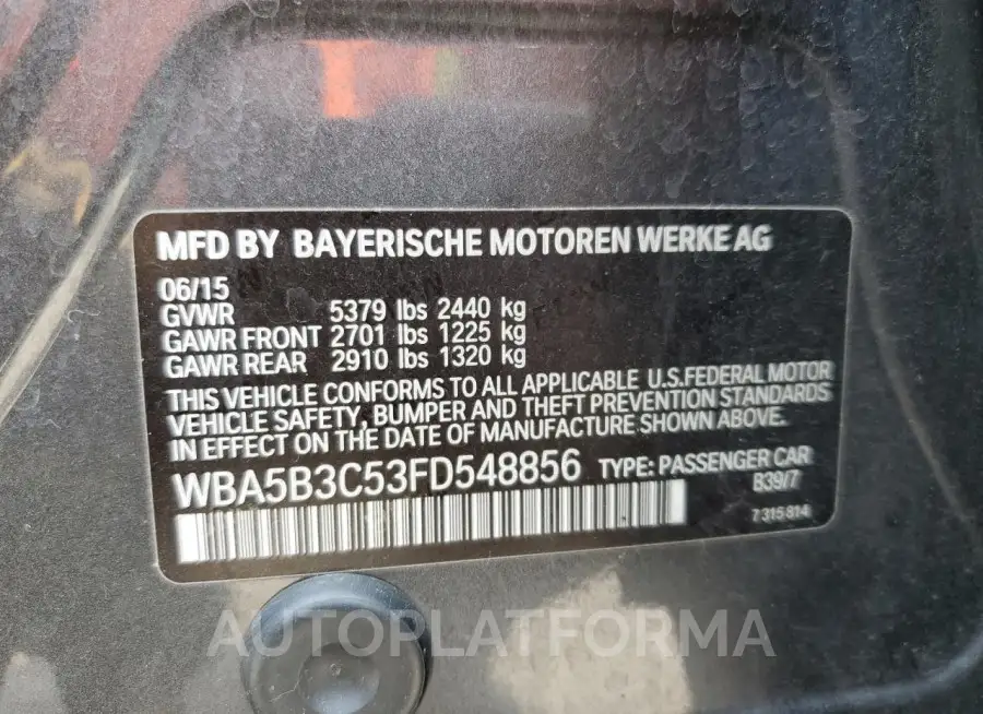 BMW 535 XI 2015 vin WBA5B3C53FD548856 from auto auction Copart