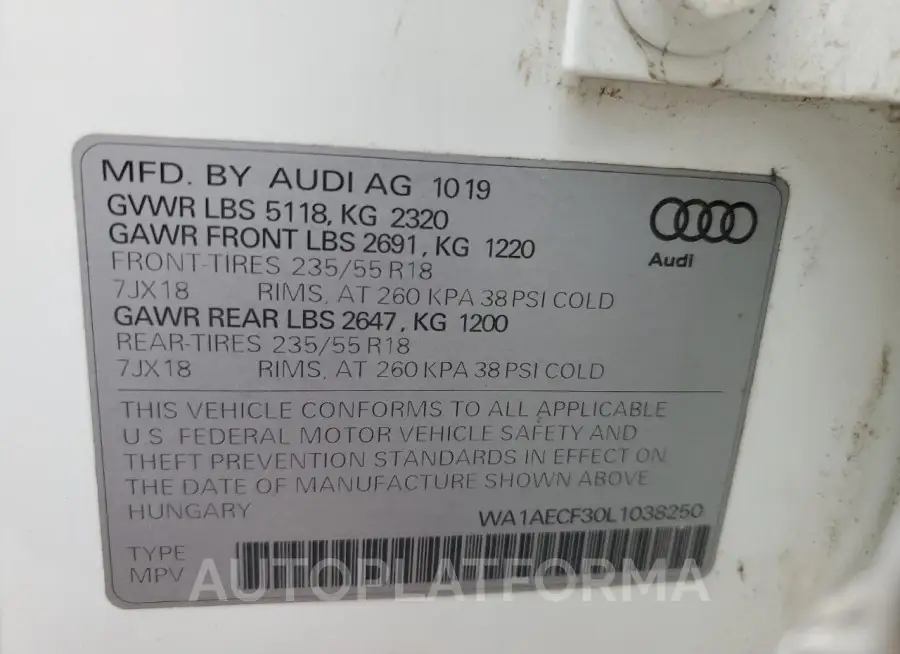 AUDI Q3 PREMIUM 2020 vin WA1AECF30L1038250 from auto auction Copart