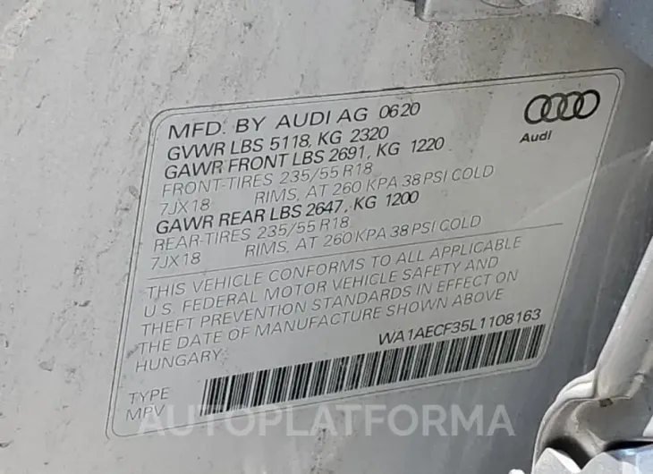 AUDI Q3 PREMIUM 2020 vin WA1AECF35L1108163 from auto auction Copart