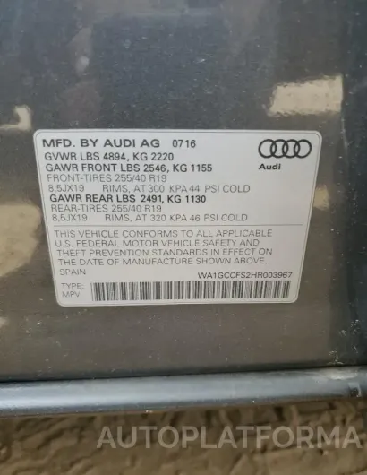 AUDI Q3 PRESTIG 2017 vin WA1GCCFS2HR003967 from auto auction Copart