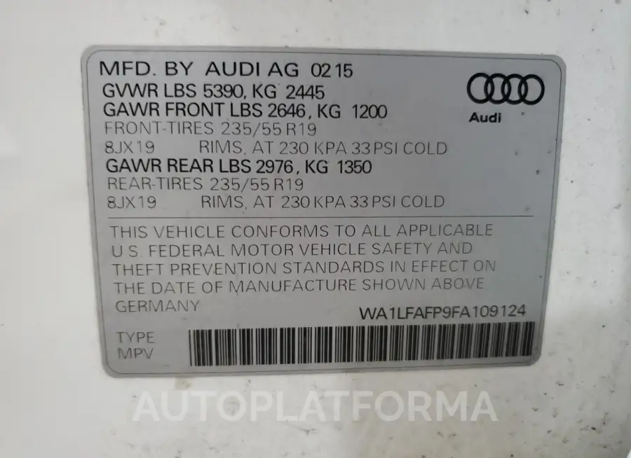 AUDI Q5 PREMIUM 2015 vin WA1LFAFP9FA109124 from auto auction Copart