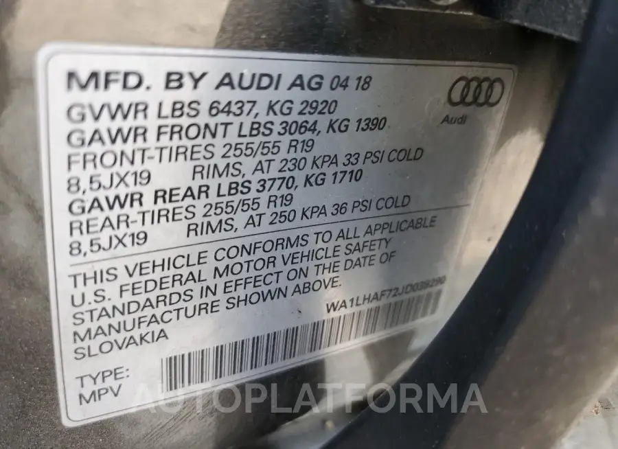 AUDI Q7 PREMIUM 2018 vin WA1LHAF72JD039290 from auto auction Copart