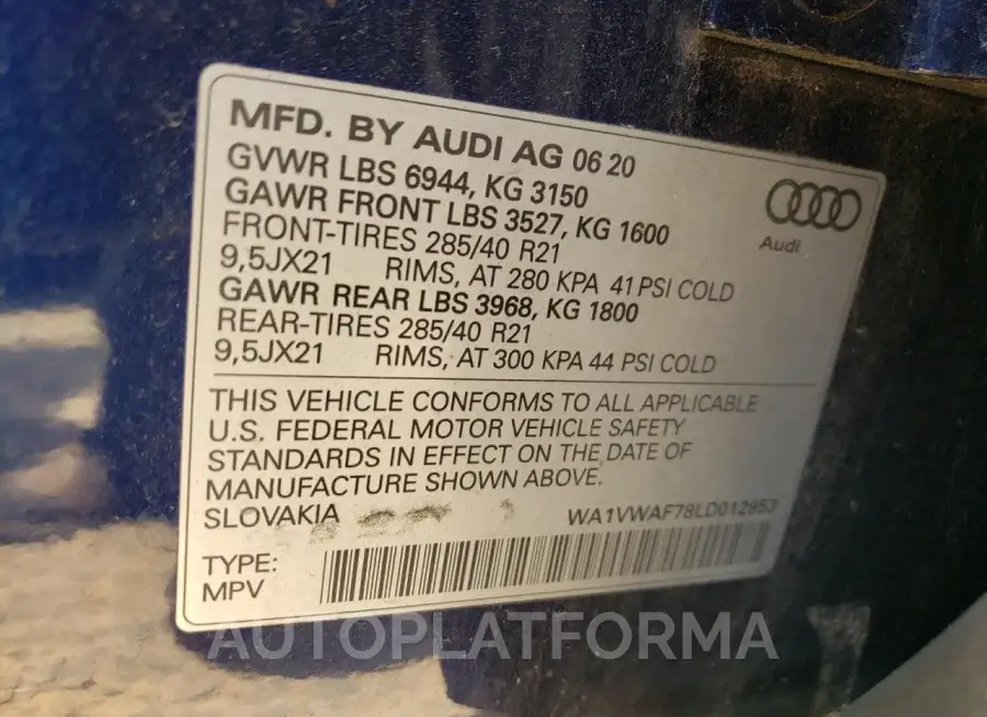 AUDI SQ7 PRESTI 2020 vin WA1VWAF78LD012953 from auto auction Copart