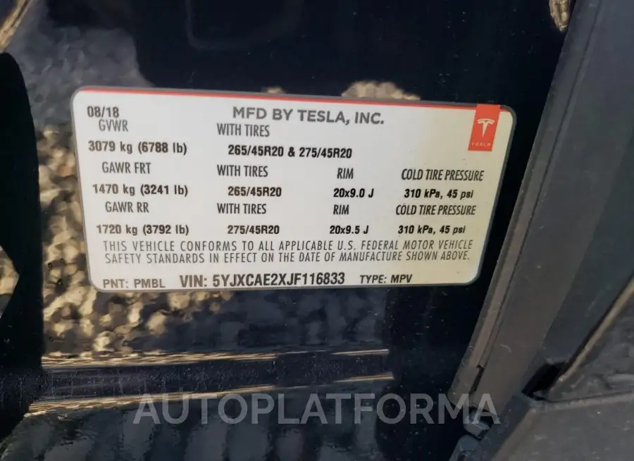 TESLA MODEL X 2018 vin 5YJXCAE2XJF116833 from auto auction Copart