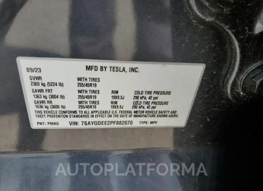 TESLA MODEL Y 2023 vin 7SAYGDEE2PF882670 from auto auction Copart