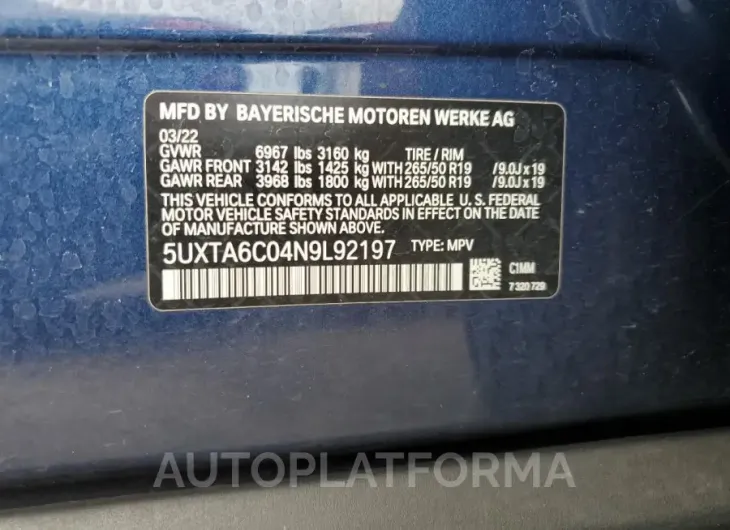 BMW X5 XDRIVE4 2022 vin 5UXTA6C04N9L92197 from auto auction Copart