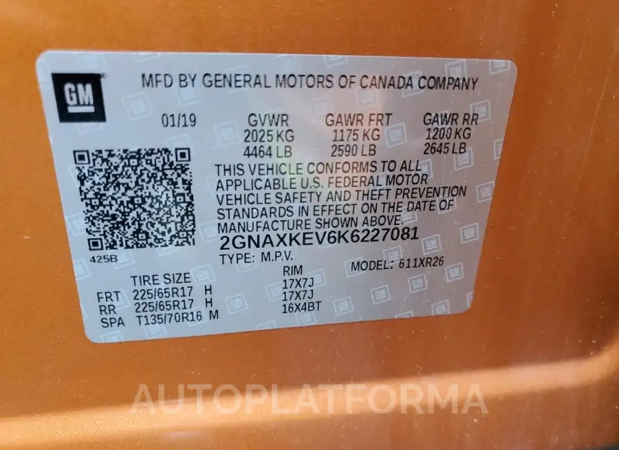 CHEVROLET EQUINOX LT 2019 vin 2GNAXKEV6K6227081 from auto auction Copart