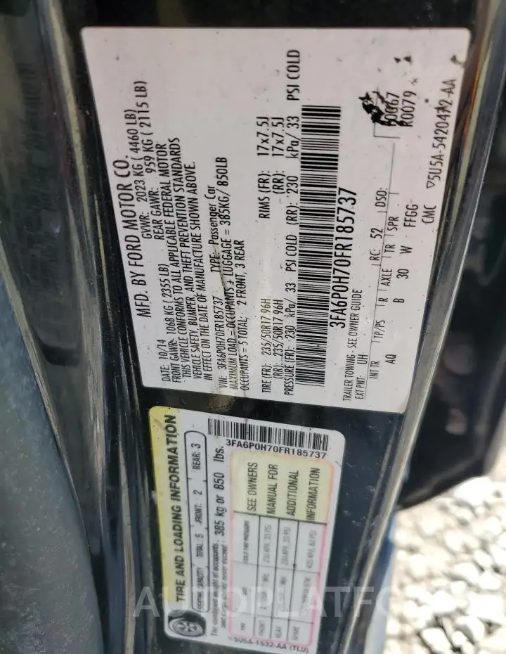 FORD FUSION SE 2015 vin 3FA6P0H70FR185737 from auto auction Copart