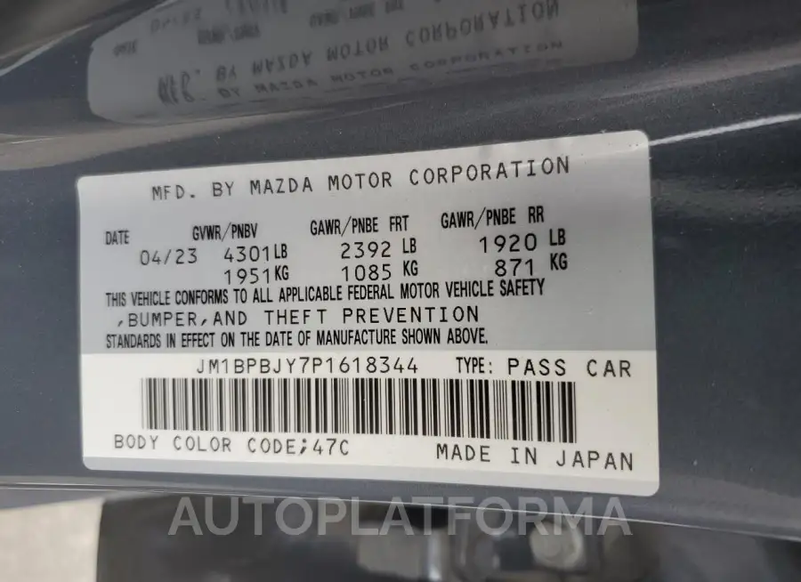 MAZDA 3 2023 vin JM1BPBJY7P1618344 from auto auction Copart