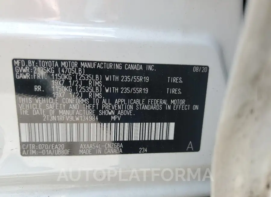 TOYOTA RAV4 LIMIT 2020 vin 2T3N1RFV9LW134984 from auto auction Copart