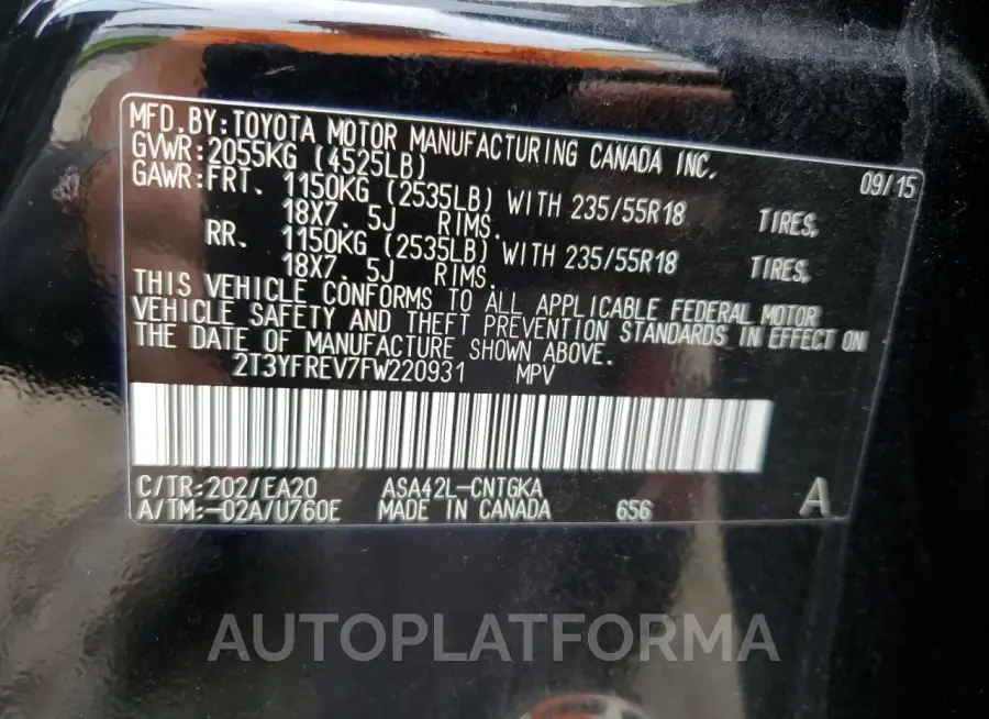 TOYOTA RAV4 LIMIT 2015 vin 2T3YFREV7FW220931 from auto auction Copart