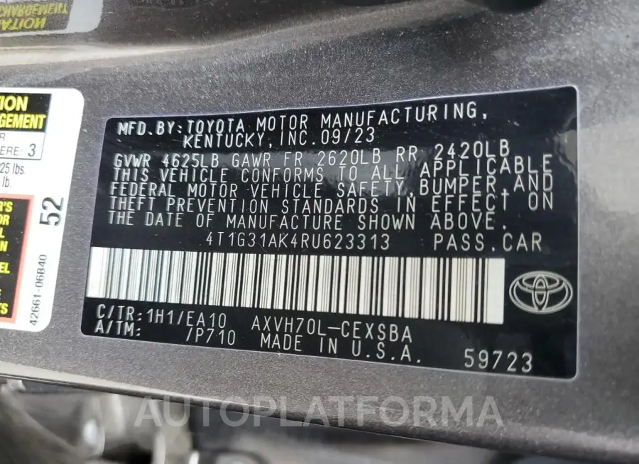 TOYOTA CAMRY SE N 2024 vin 4T1G31AK4RU623313 from auto auction Copart