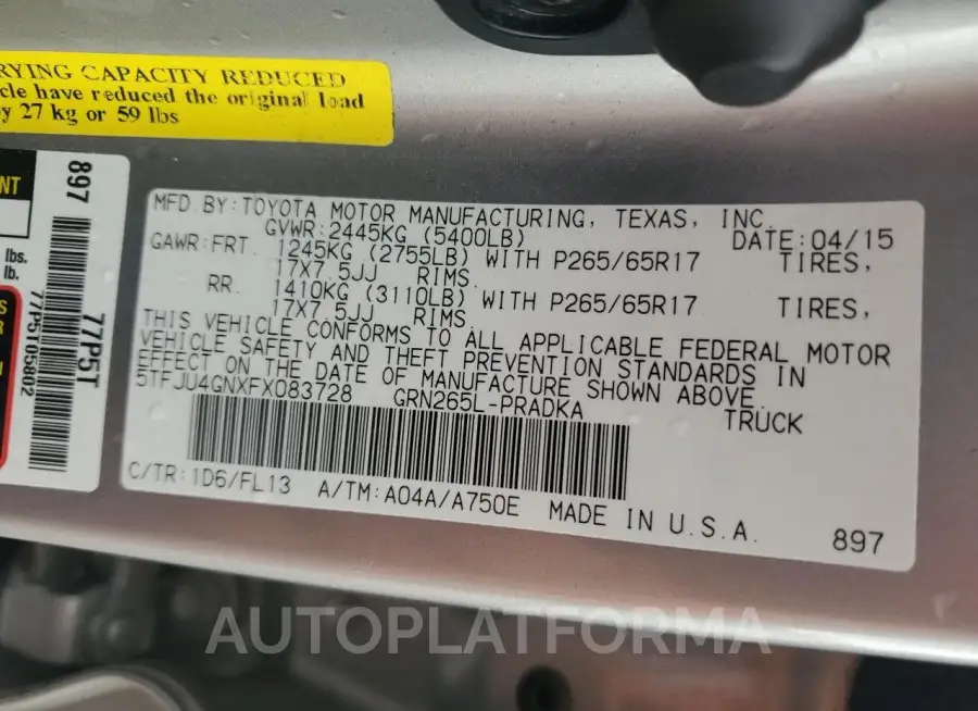 TOYOTA TACOMA DOU 2015 vin 5TFJU4GNXFX083728 from auto auction Copart